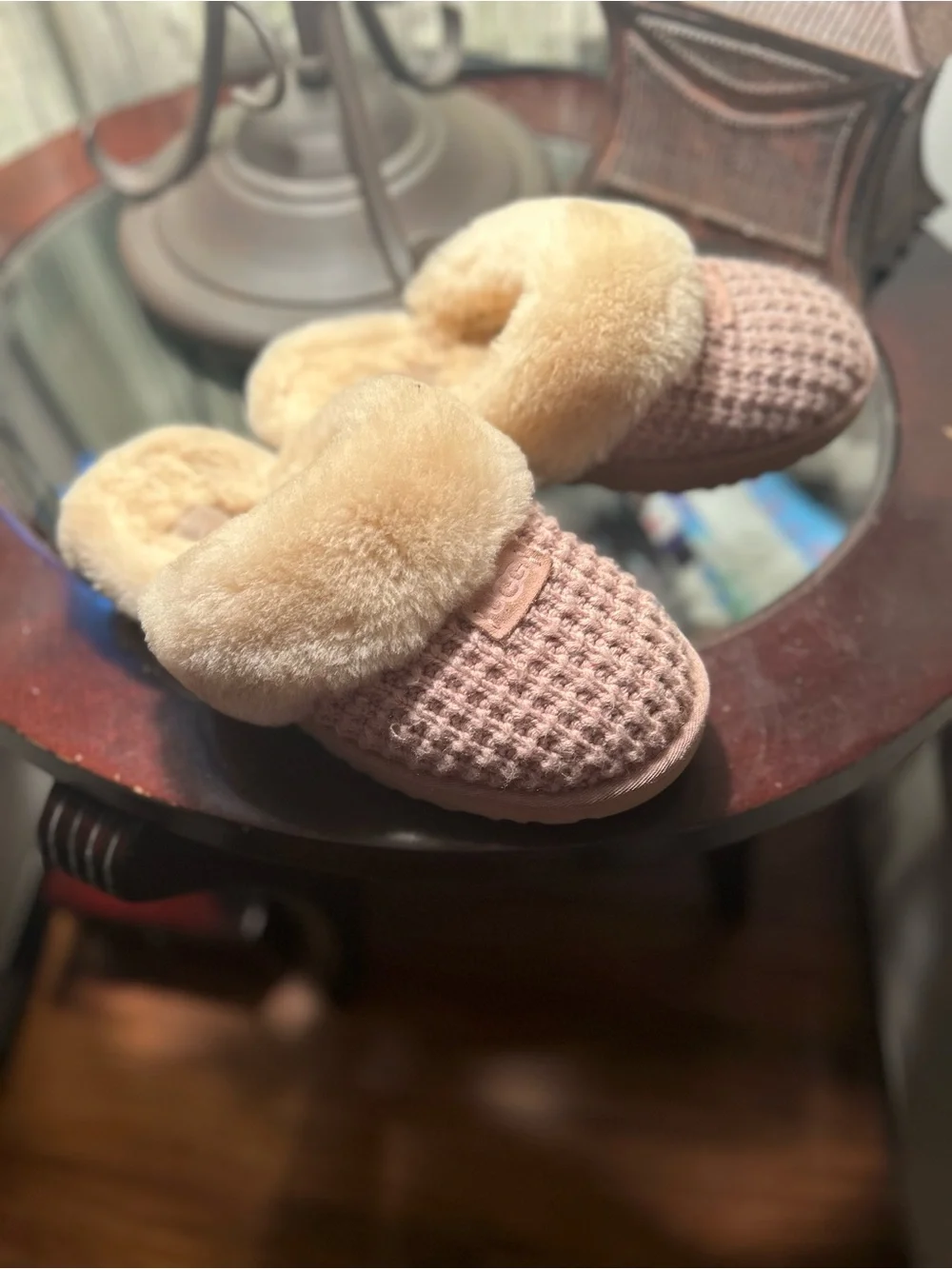 UGG Kids Blush Knit Slip-On Slippers with Cream Shearling Collar